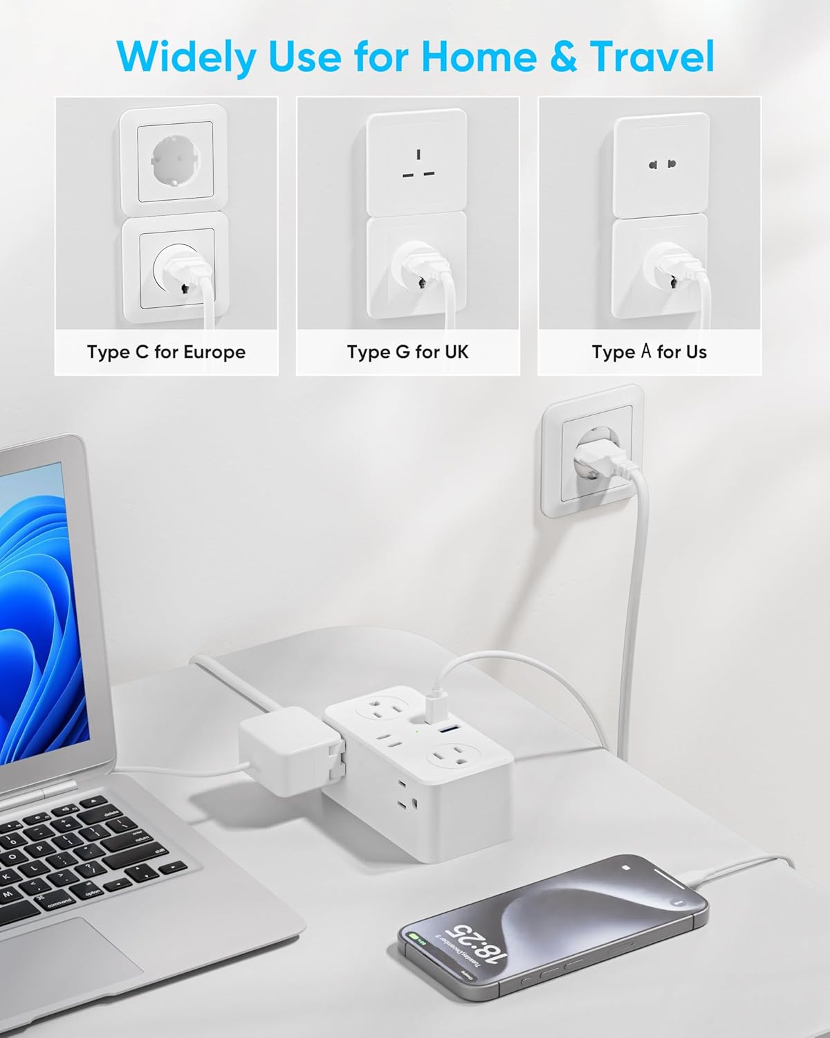 European Travel Plug Adapter, EU/UK/US Travel Plug Adapter Power Strip, 6 AC Outlets, 4 USB Ports (2 USB C), 3ft Wrapped Around Extension Cord, Universal Travel Adapter - Image 4