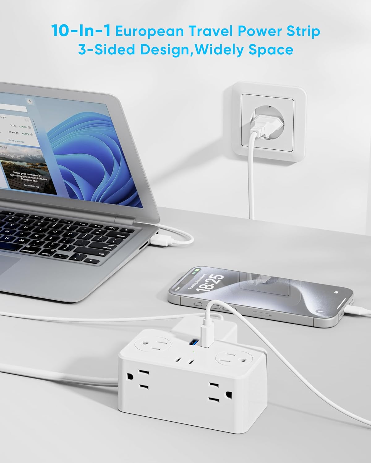 European Travel Plug Adapter, EU/UK/US Travel Plug Adapter Power Strip, 6 AC Outlets, 4 USB Ports (2 USB C), 3ft Wrapped Around Extension Cord, Universal Travel Adapter - Image 5